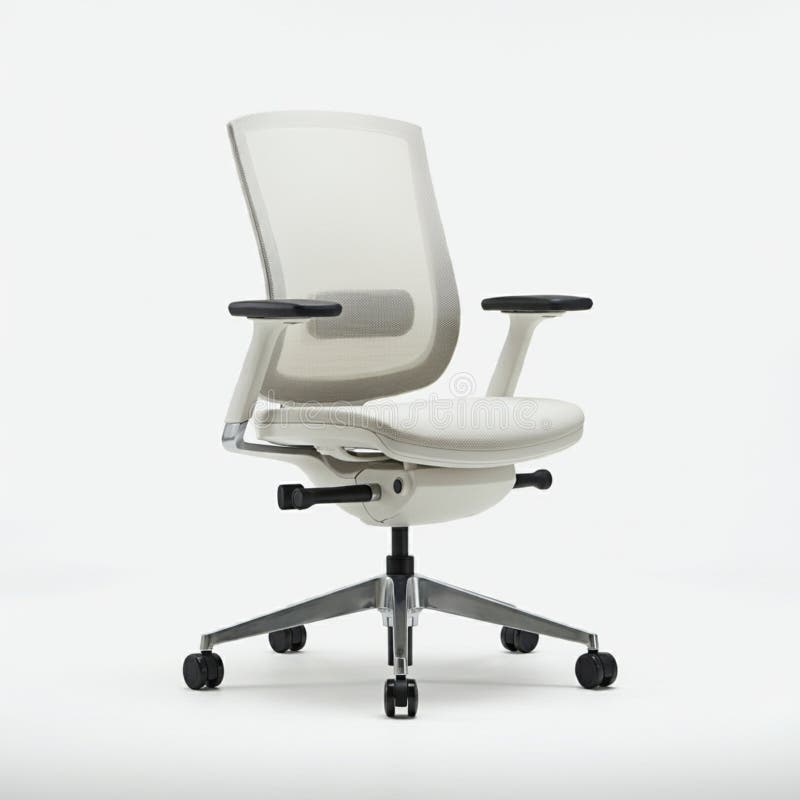 Modern office chair with a white mesh backrest and seat, featuring adjustable armrests and a swivel base with five caster wheels. stock illustration