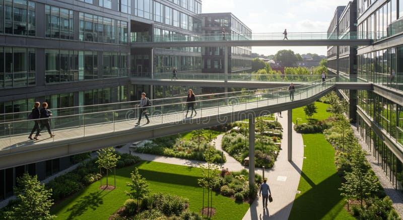 Modern office complex featuring interconnected glass walkways between buildings. stock illustration