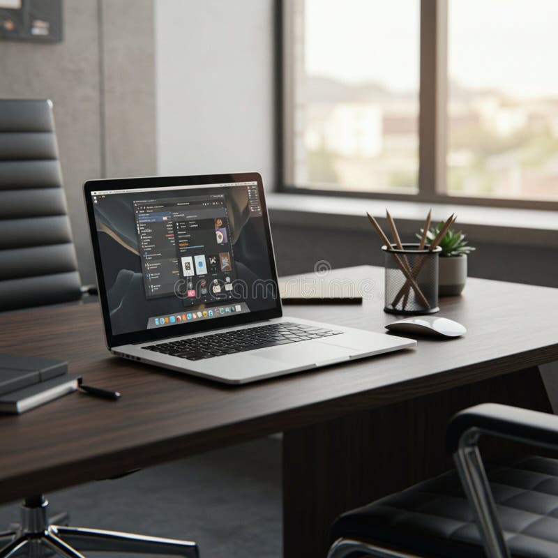 Modern office desk featuring a sleek laptop displaying a user interface stock illustration