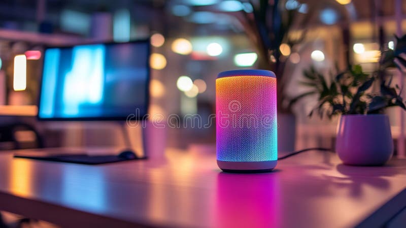 Modern office desk featuring a smart speaker with vibrant led lighting for a stylish touch royalty free illustration
