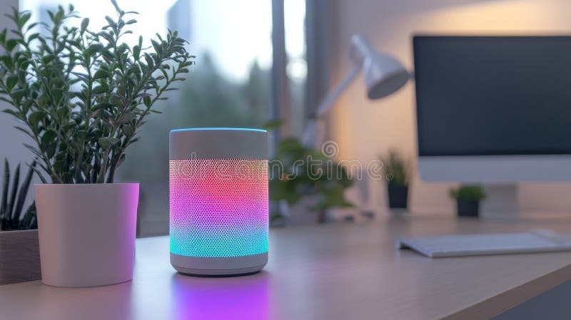 Modern office desk featuring a smart speaker with vibrant led lights for enhanced aesthetic stock illustration