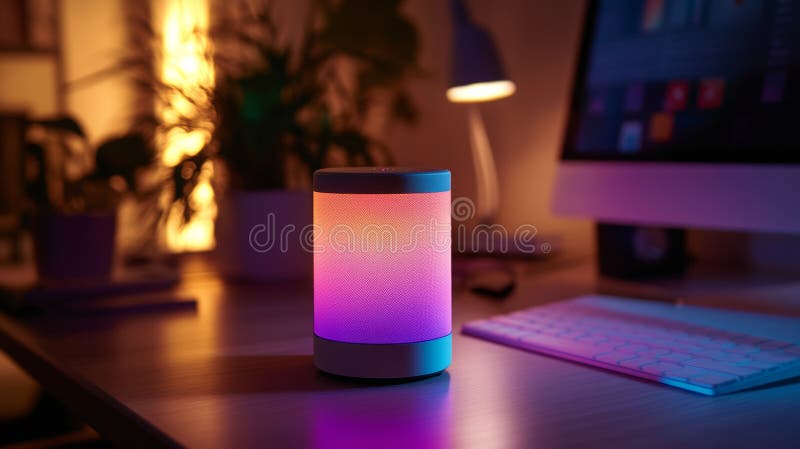 Modern office desk featuring a smart speaker with vibrant led lights for enhanced aesthetics stock illustration