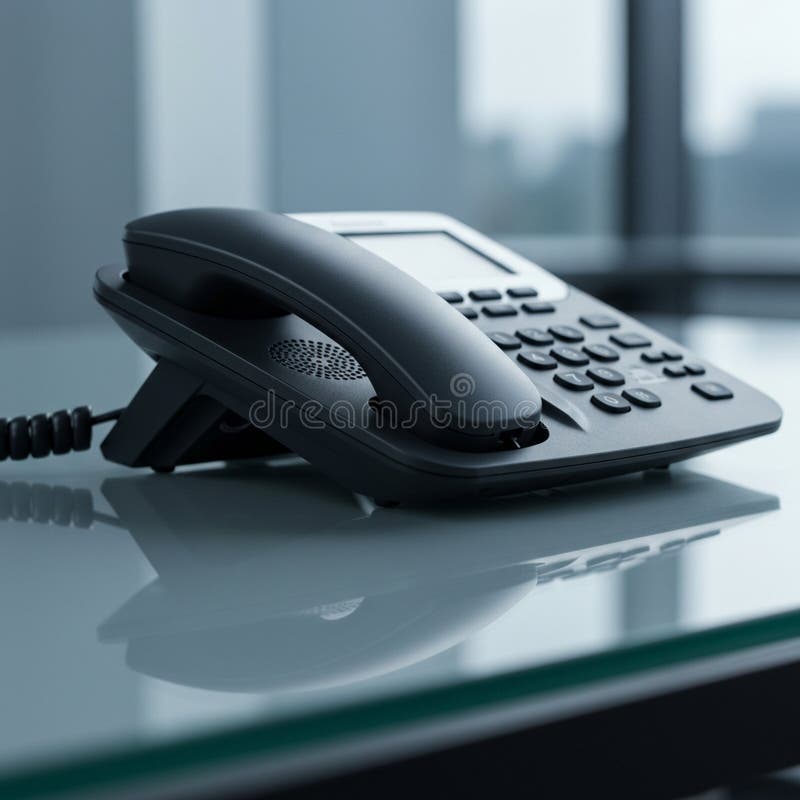 A modern office desk phone sits on a glass table, featuring a sleek black design. Its stock illustration