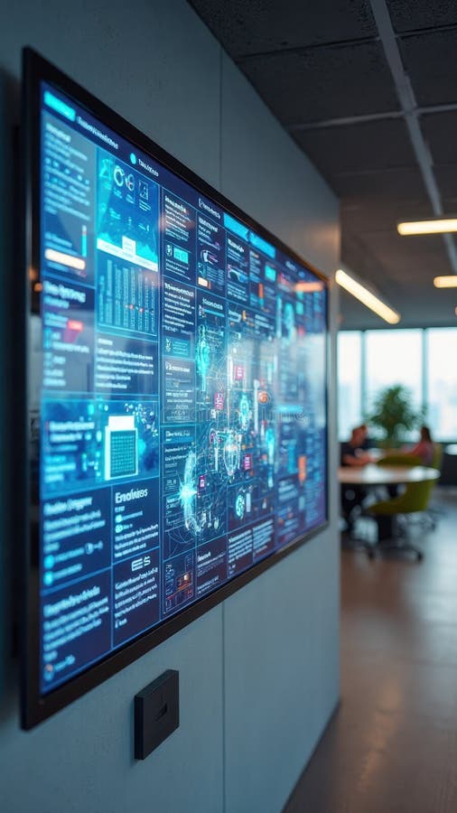 Modern office with digital display screen in futuristic workspace design stock photography