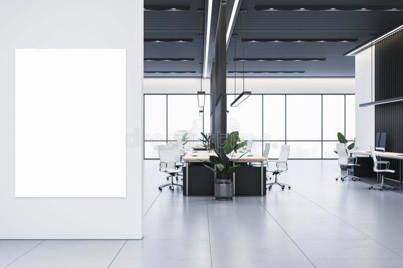 Modern office interior with blank vertical canvas on white wall and workspace with desks, chairs, and large windows. 3D Rendering royalty free illustration