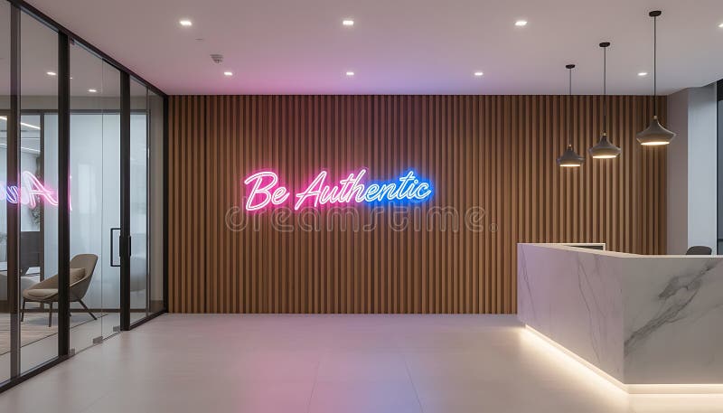 Modern office interior with stylish design and neon sign promoting authenticity, in a contemporary office setting. stock images