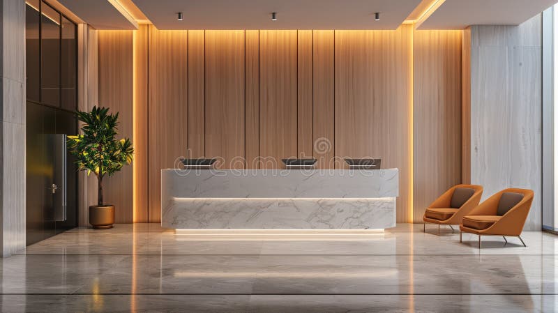 Modern office lobby with warm lighting, sleek reception desk, and comfortable seating, featuring potted plants. Concept royalty free stock photography