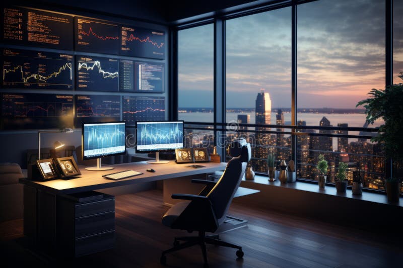 Modern office. Many monitors with financial data. generative AI royalty free illustration