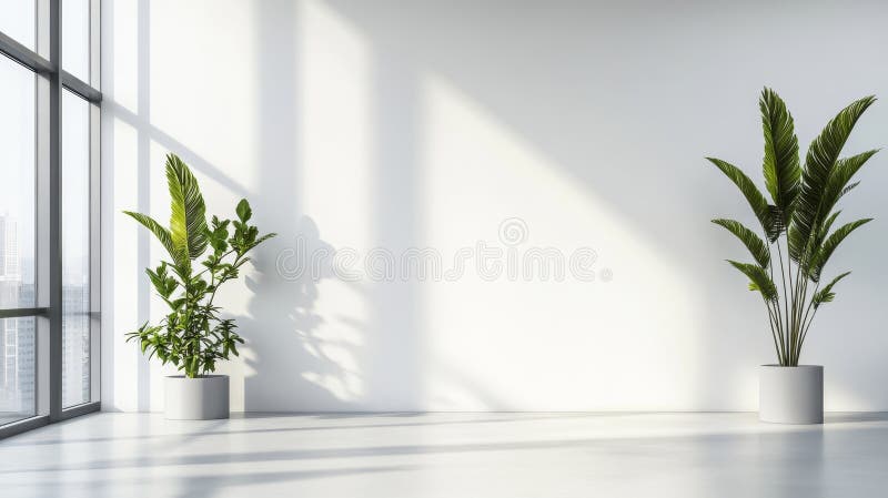Modern office with minimalist design and green plants, epitomizing contemporary architecture royalty free illustration