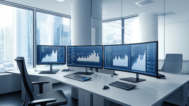 Modern Office with Multiple Computer Screens Setup Stock Illustration ...