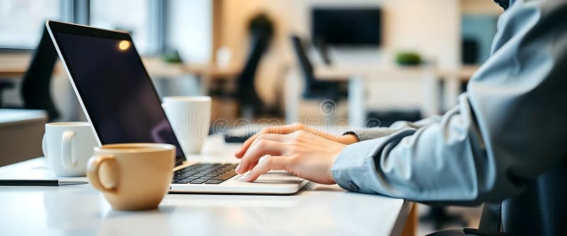 Productive Office Workspace with Coffee stock image