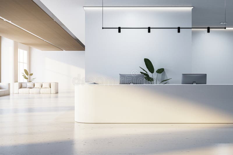 Modern office reception desk with computers in a minimalistic, empty room with light decor and large windows. 3D Rendering. A modern reception desk with two computers, set in a spacious, minimalistic interior, featuring light decor and large windows. Business concept.