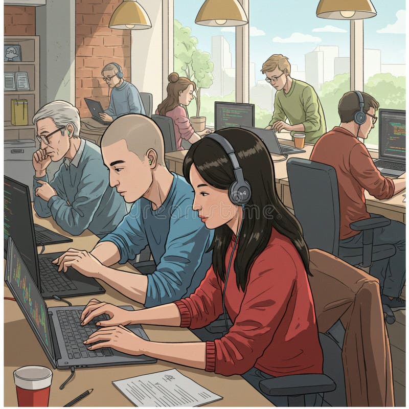 A modern office setting with diverse individuals engaged in computer work. Five stock illustration
