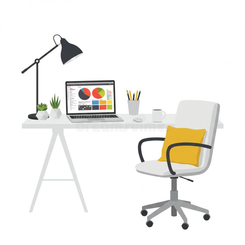 Modern office setup featuring a white desk with a laptop displaying colorful graphs. A royalty free illustration