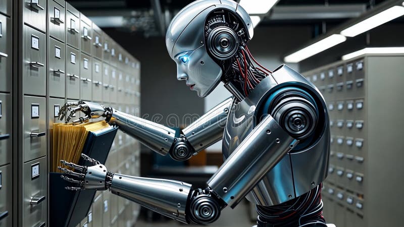Futuristic Robot Organizing Files in Modern Office Environment royalty free illustration