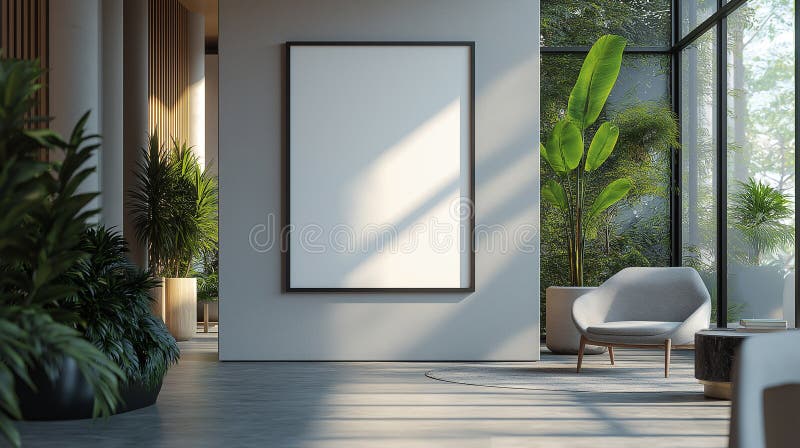Modern Office Space with Blank Poster for Presentation or Advertisement - This image depicts a modern office setting stock images