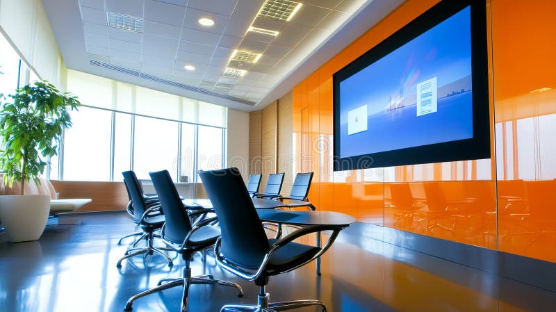 A modern office space with a clean projection wall and ergonomic chairs. background royalty free stock images