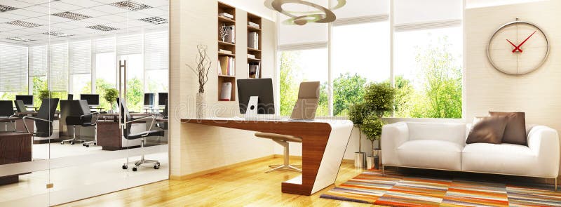 Modern office space with a manager`s room and a large open space for workers stock illustration