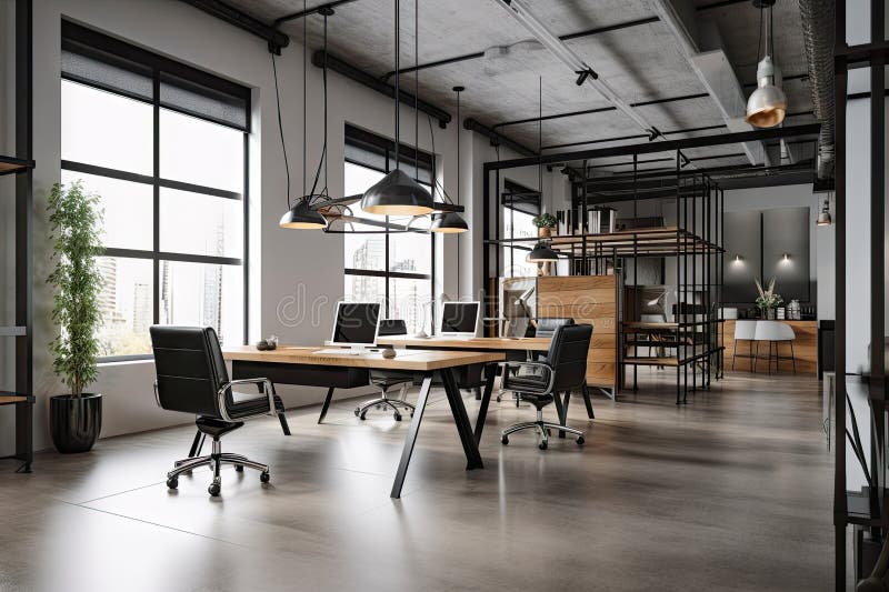 Modern Office Space With Sleek And Minimalist Industrial Furniture