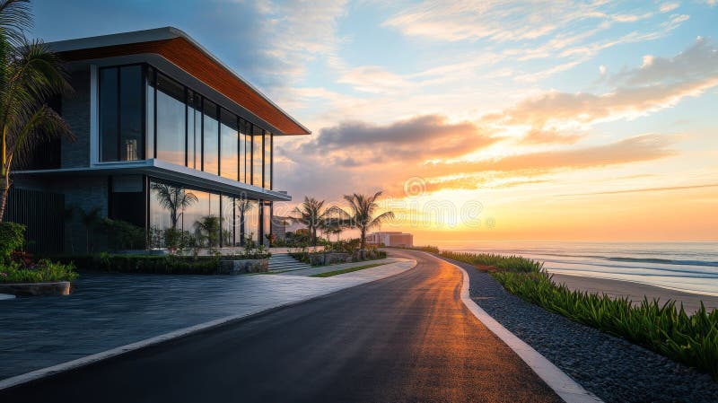 Modern office structure by paved road with beautiful beach scenery in the background royalty free illustration
