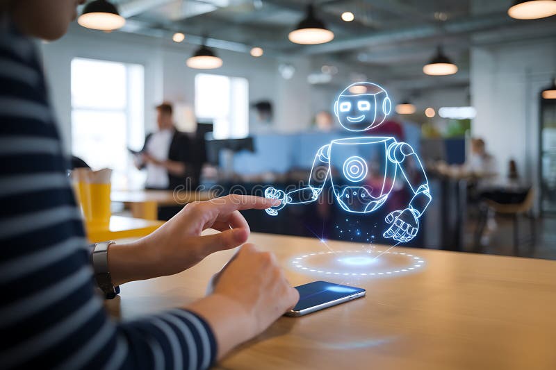 Modern Office Technology Augmented Reality Robot Interaction Smartphone vector illustration