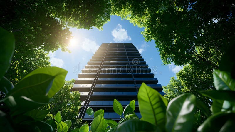 Modern office tower surrounded by lush greenery, showcasing sustainable architecture and urban nature integration. sunlight royalty free illustration