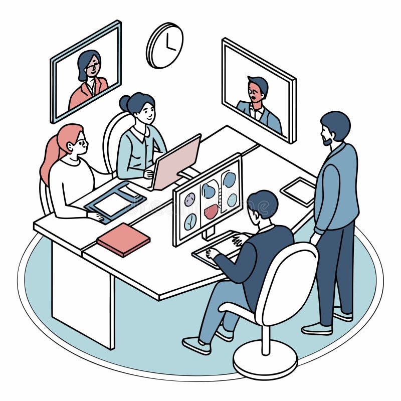 Modern office vector of business team working with computers, video call screens, and charts. Symbol of teamwork, digital vector illustration