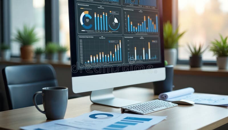 Modern office workspace with computer displaying charts, graphs. Reports on desk. Pro tech environment. Data analysis in progress. Business planning. Modern design. Focus on. AI generated