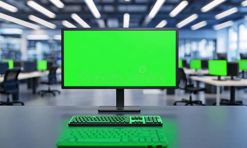 Modern office workspace with computer monitor and keyboard stock illustration