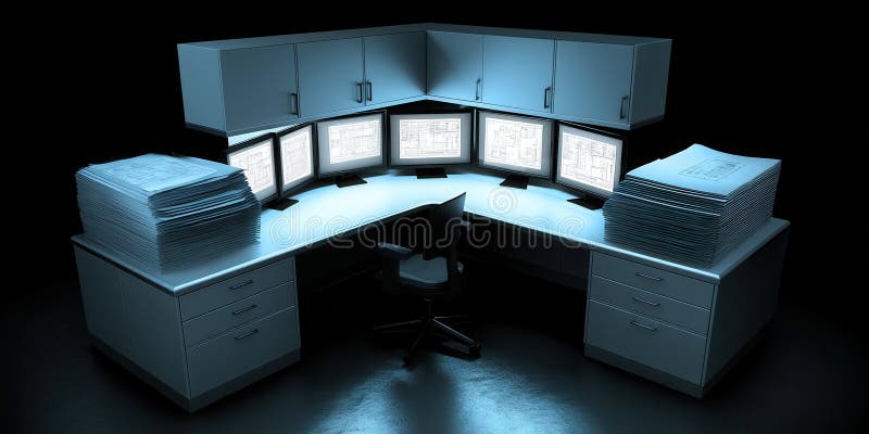 Modern office workspace with multiple monitors and stacks of documents illuminated vector illustration