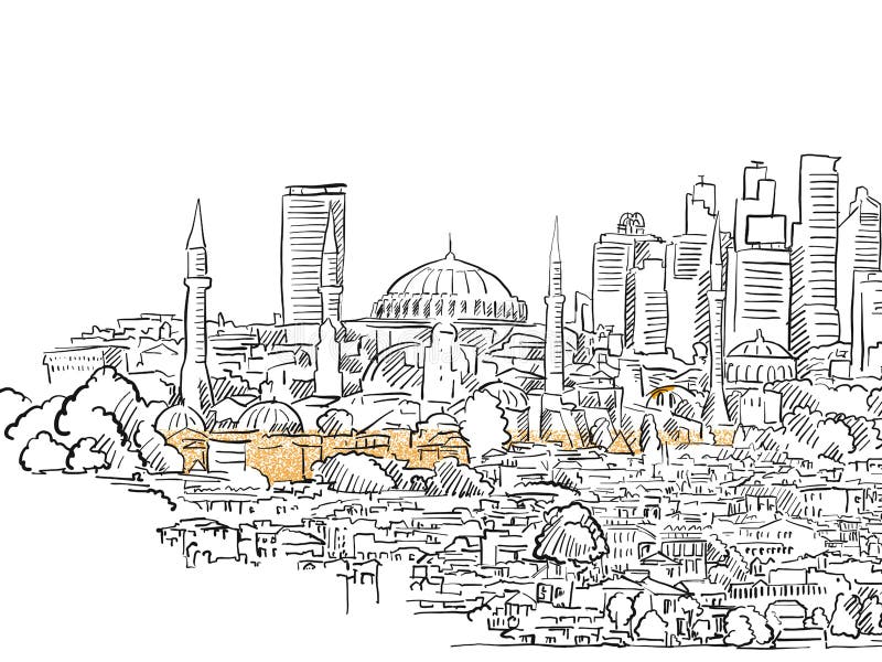 Modern and old Istanbul panorama drawing
