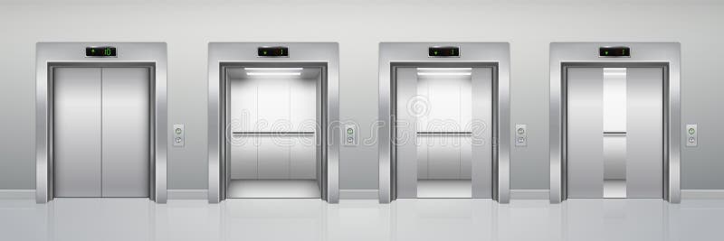 Modern open and closed metallic chrome office building passenger elevator. Realistic elevator in an empty corridor vector illustration
