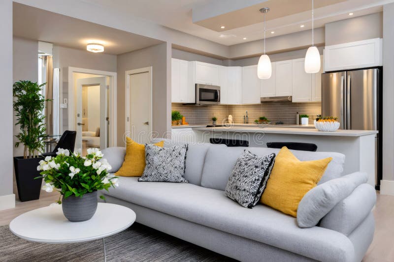 Modern open concept living room connecting with kitchen vector illustration