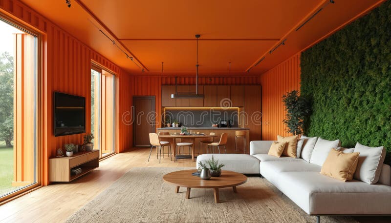 Modern open concept living room with kitchen area. Orange container style walls, ceiling create vibrant inviting space. White royalty free illustration