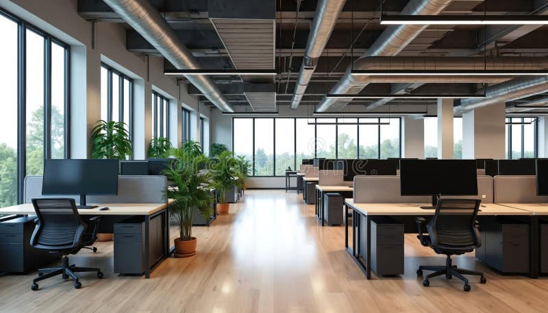 Modern open office space with desks computers and plants. Large windows offer natural light for a bright productive work vector illustration