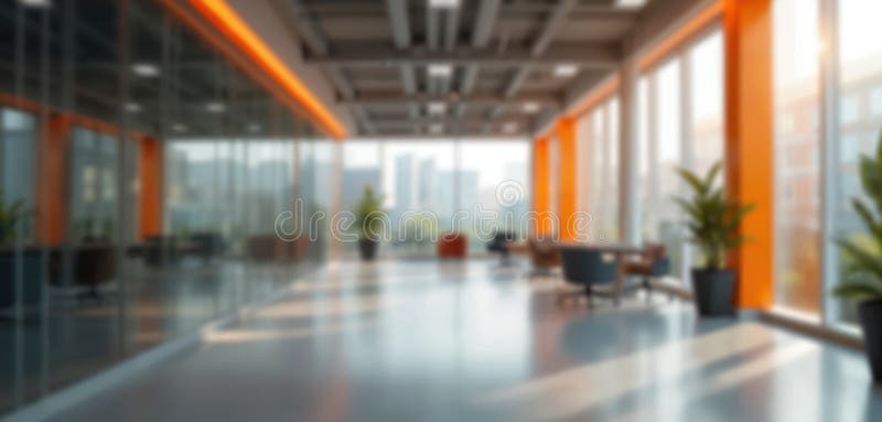 Modern open office space with panoramic windows. Glass partitions, blurred background creates abstract bokeh effect, orange vector illustration