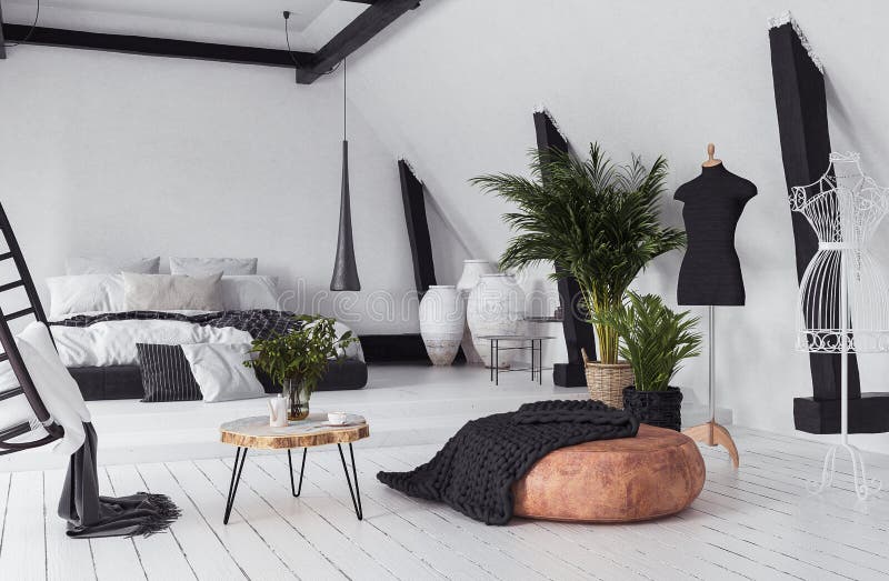 Modern open-plan apartment in attic, loft style stock illustration