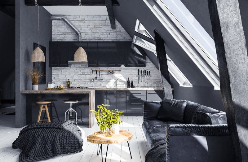 Modern open-plan apartment in attic, loft style stock illustration