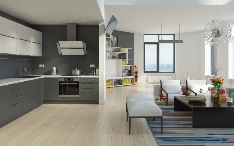 Modern open plan apartment interior with kitchen and living room. 3d render home design vector illustration