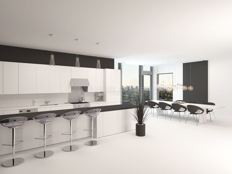 Modern open-plan black and white kitchen stock illustration