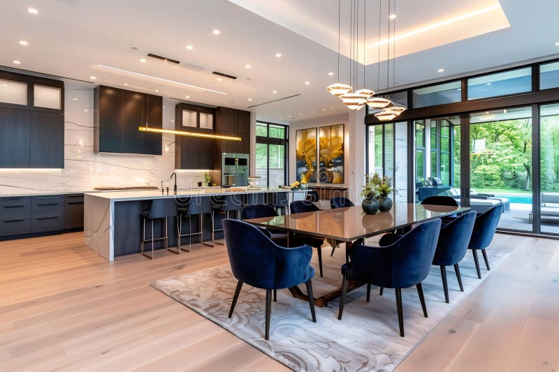 Modern open plan kitchen and dining room showcasing luxury interior design royalty free illustration