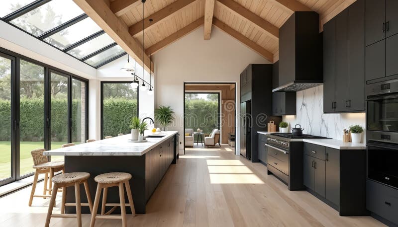 Modern open plan kitchen with large island, black cabinets, wood beams, skylight ceiling. Natural light streams in from large royalty free illustration