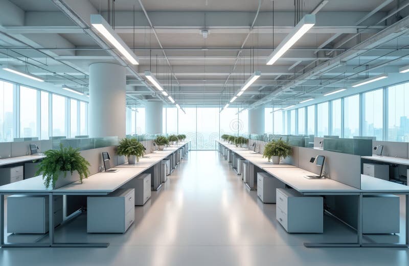 Modern open-plan office interior. Desks with computers, plants, transparent glass partitions, suspended lights. White design vector illustration