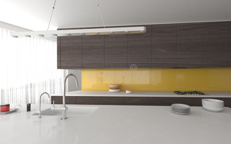 Modern open-plan yellow and grey kitchen vector illustration