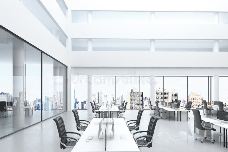 Modern Open Space Office with Big Windows and Furniture Stock