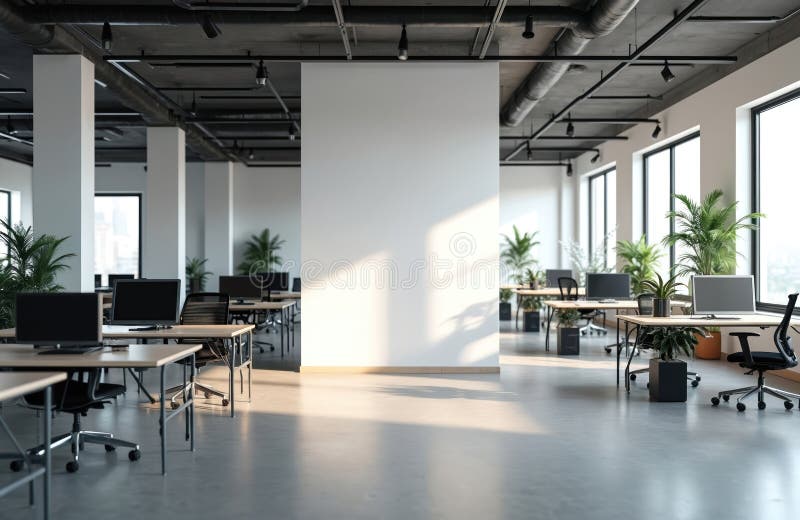 Modern open space office interior with desks computers and plants. Bright sunlit work area with white partition for mockups and royalty free illustration
