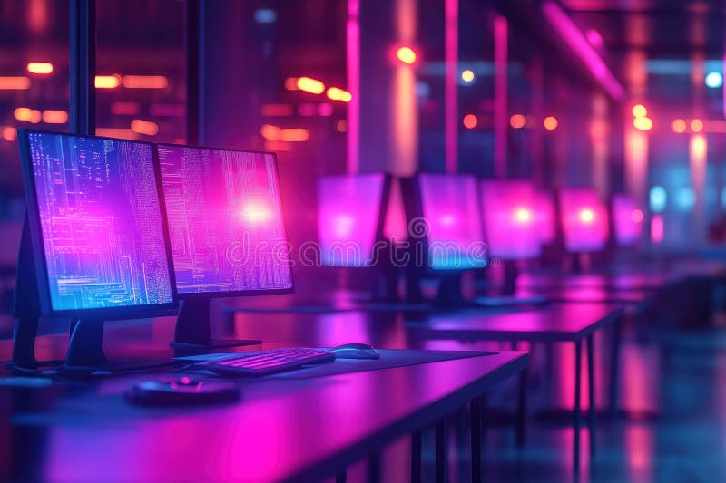 Modern open space office interior glows with neon purple light. Computers with screens showing data arranged on tables. Blurred royalty free illustration