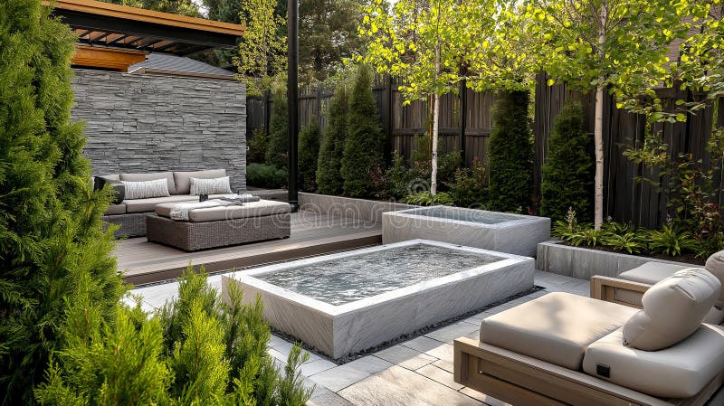 Modern outdoor lounge with cozy seating and elegant water features royalty free stock photography