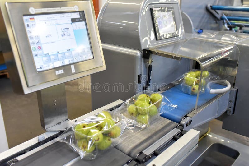 Modern packaging machine for fresh pears in a factory for food industry stock photography