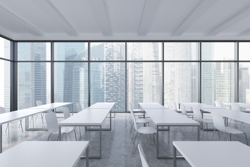 A Modern Panoramic Classroom with Singapore View. White Tables and